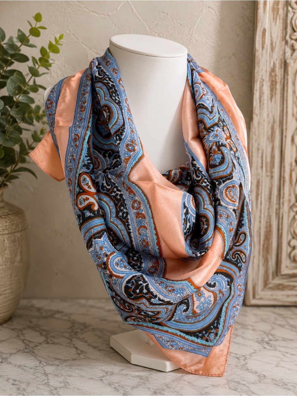 Silky Peach and Blue Paisley Scarf